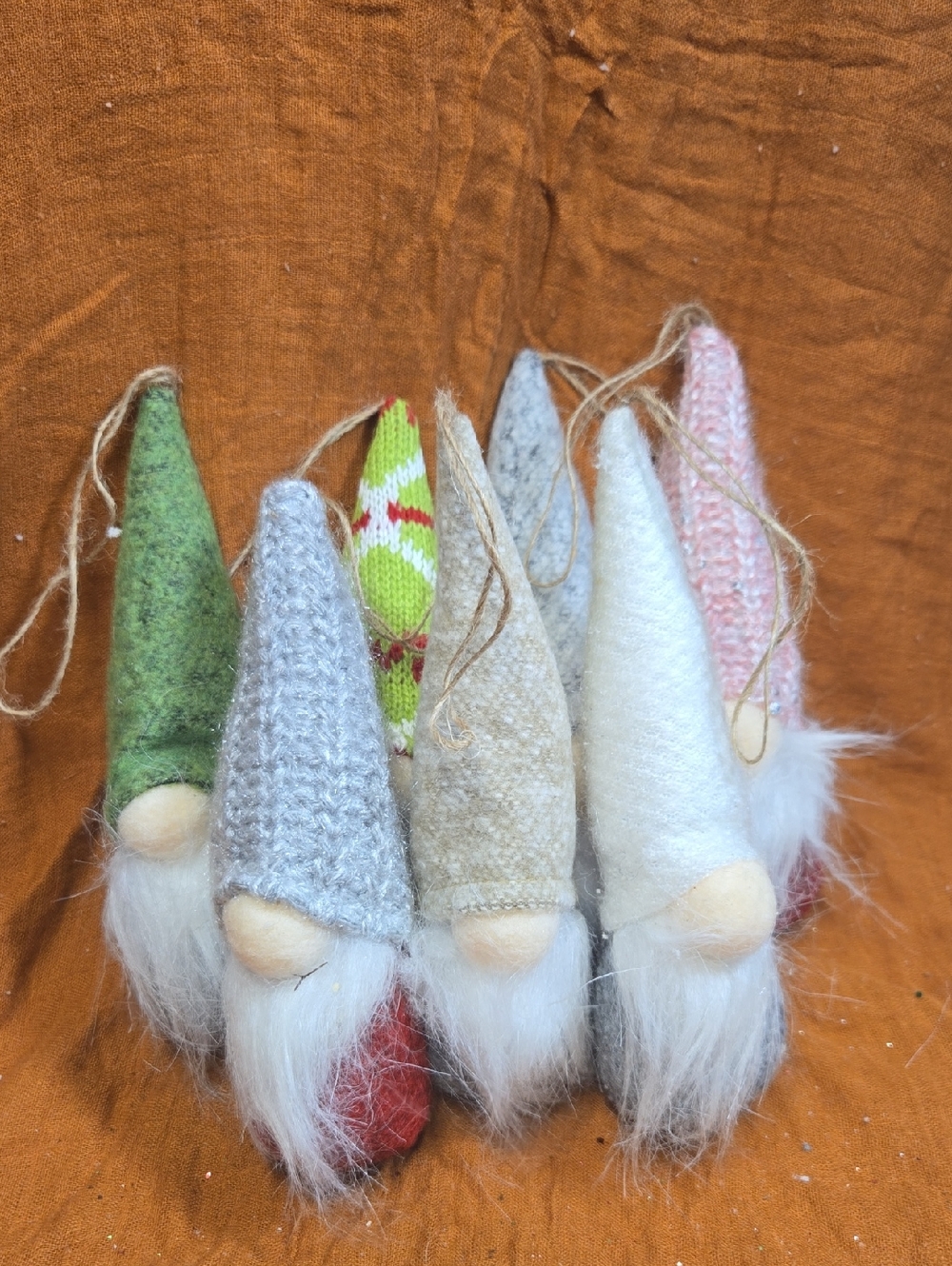 Handmade Wool Gnome Ornaments - Neutral & Pastel Hats 7pack